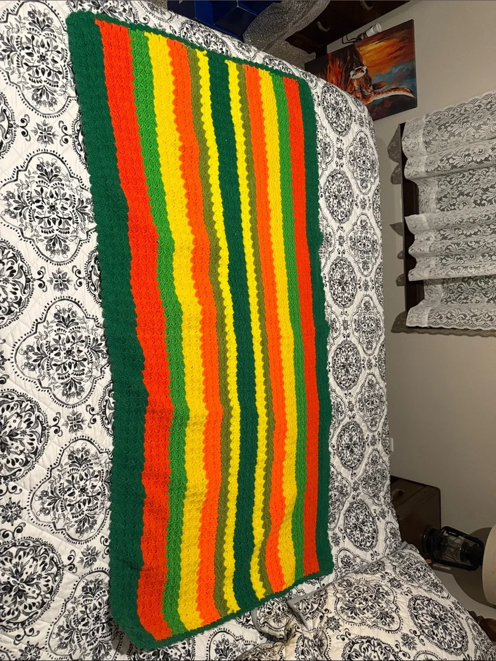 Handmade Striped Crochet Throw Blanket in Green, Orange, Yellow